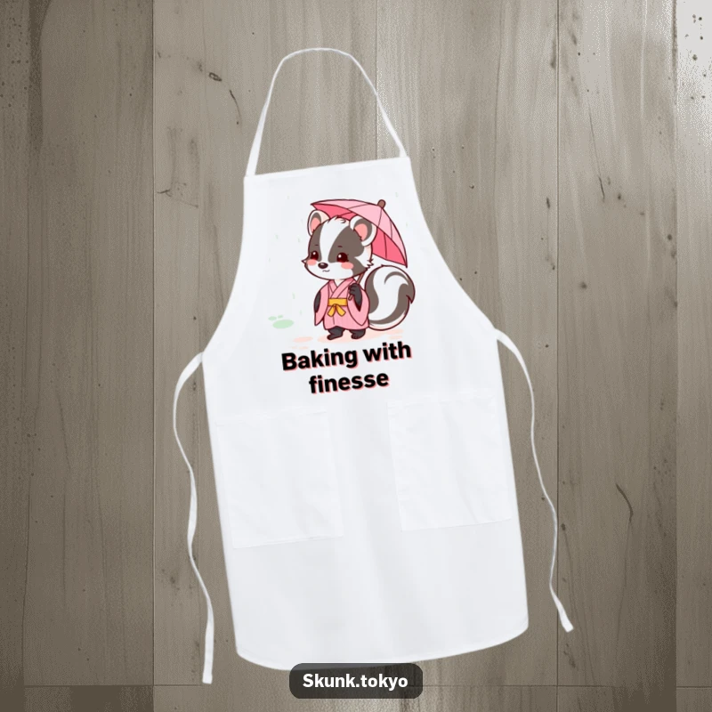 Funny kawaii skunk in a pink kimono, holding a tiny umbrella, cooking apron, cute and humorous kitchen accessory.