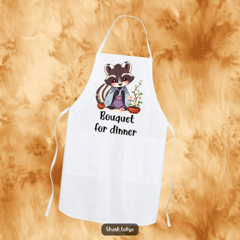 Funny Skunk Ikebana Apron featuring a skunk in a kimono meticulously arranging tiny Ikebana flowers while cooking.