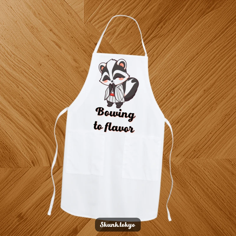 Funny kawaii skunk apron, wearing a striped kimono, bowing politely with a smile, a chic and humorous kitchen accessory.