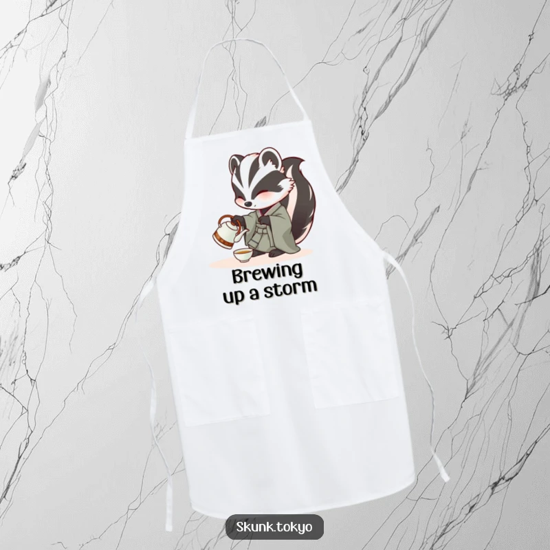 Funny Skunk Apron: A skunk in a kimono carefully pours tea from a miniature kettle, adding elegant humor to cooking.