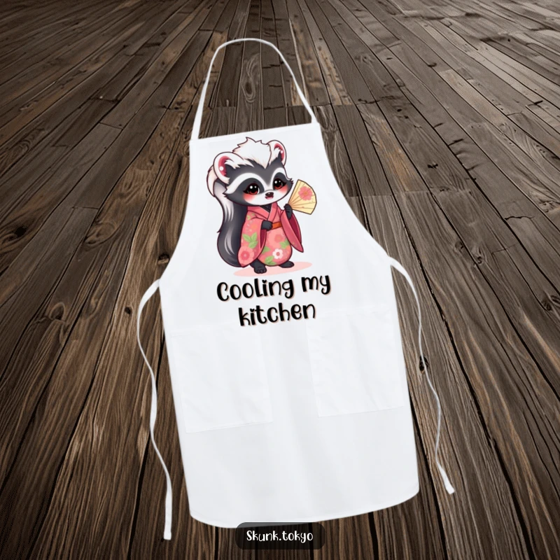 Funny kawaii skunk apron, wearing a vibrant floral kimono and holding a fan, a chic and humorous kitchen accessory.