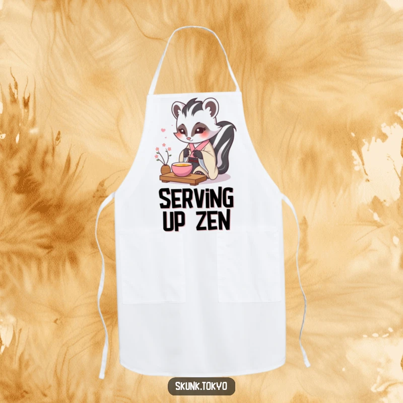Funny kawaii skunk apron, wearing a formal kimono, performing a delicate tea ceremony, a chic and humorous kitchen accessory.
