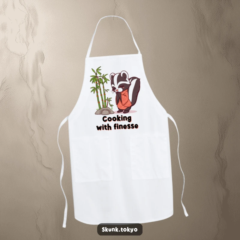 Funny Skunk Kimono Apron showing a skunk in a kimono bowing politely while standing near a small bamboo forest.