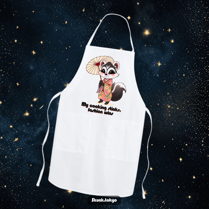 Funny Skunk Apron: A skunk in a floral kimono twirls a parasol, adding chic humor to cooking.