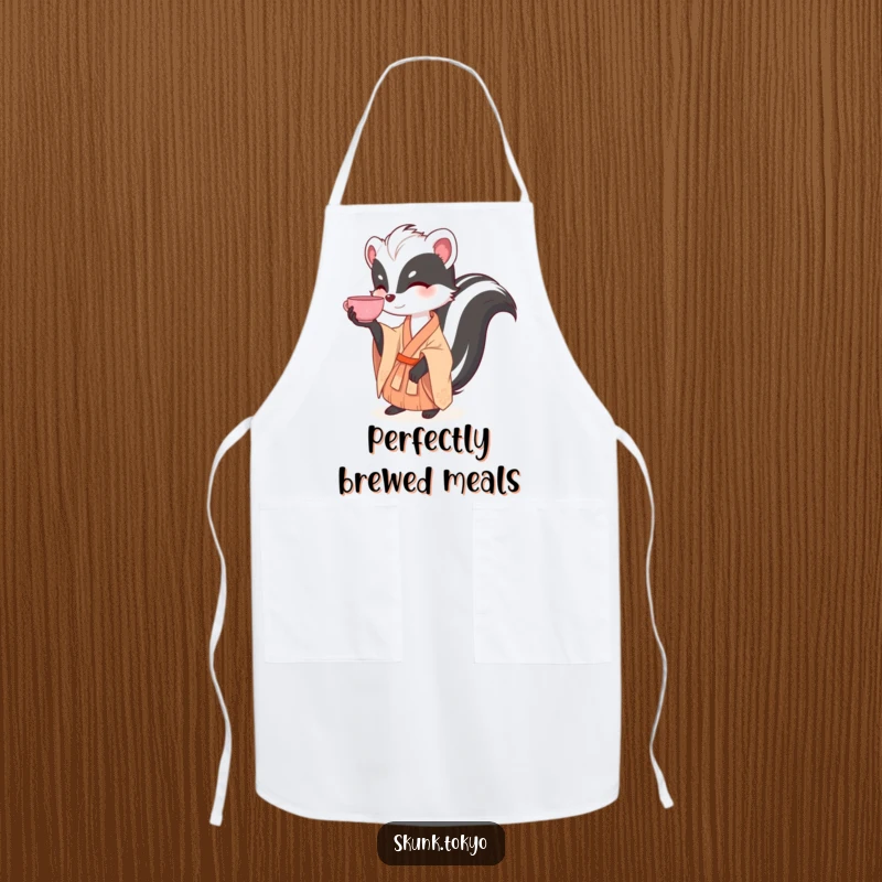 Funny kitchen apron with a skunk in a kimono gracefully balancing a tea cup, adding elegant humor to cooking.