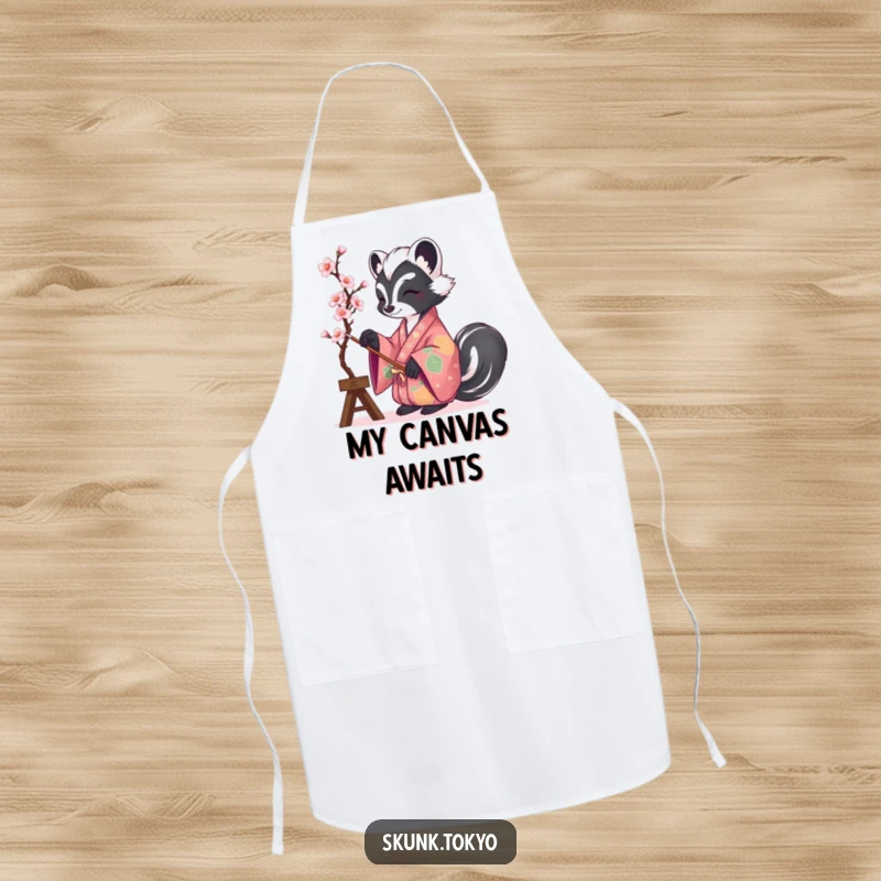 Funny kitchen apron with a skunk in a vibrant kimono painting cherry blossoms, adding artistic humor to cooking.