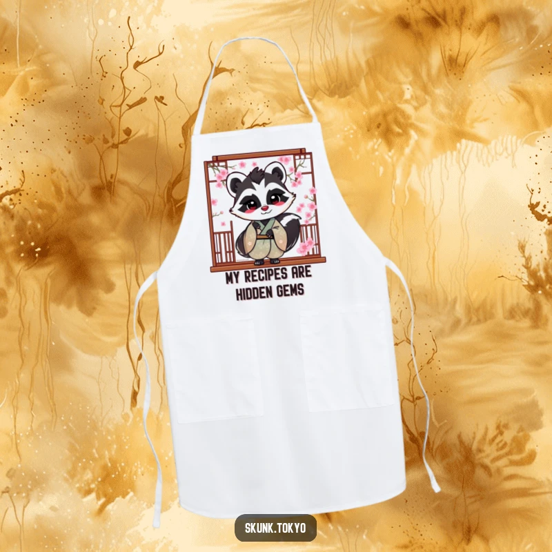 Funny Skunk Apron: A skunk in a silk kimono playfully peeks from behind cherry blossoms, adding cute humor to cooking.