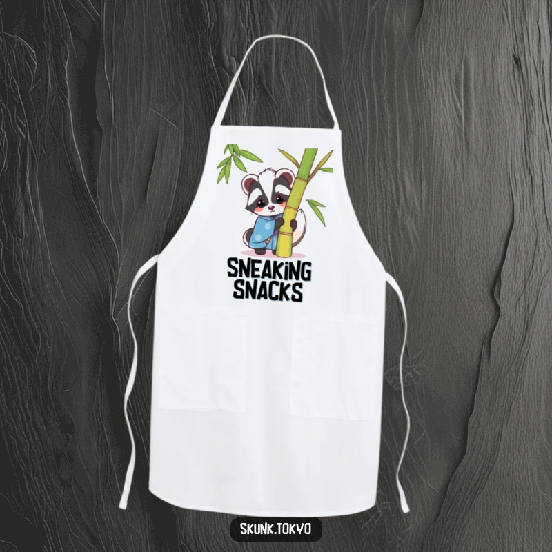 Funny kawaii skunk apron, wearing a blue kimono, playfully peeking from behind bamboo, a chic and humorous kitchen accessory.