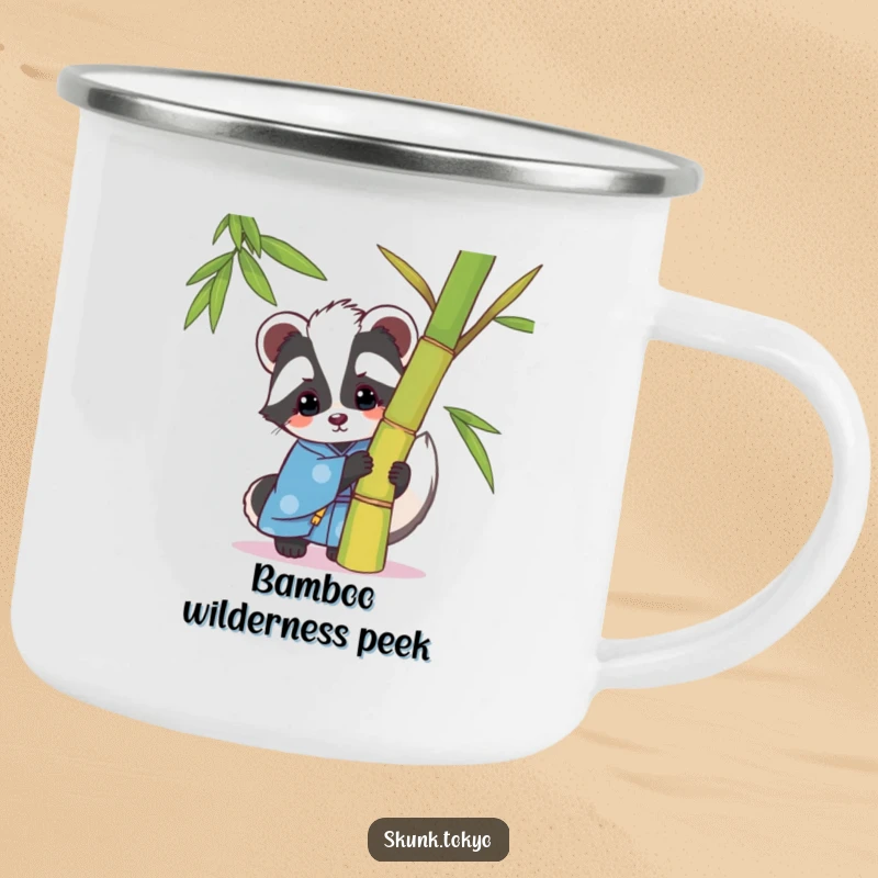 Funny kawaii skunk camping mug, wearing a blue kimono, playfully peeking from behind bamboo, perfect for outdoor enthusiasts.