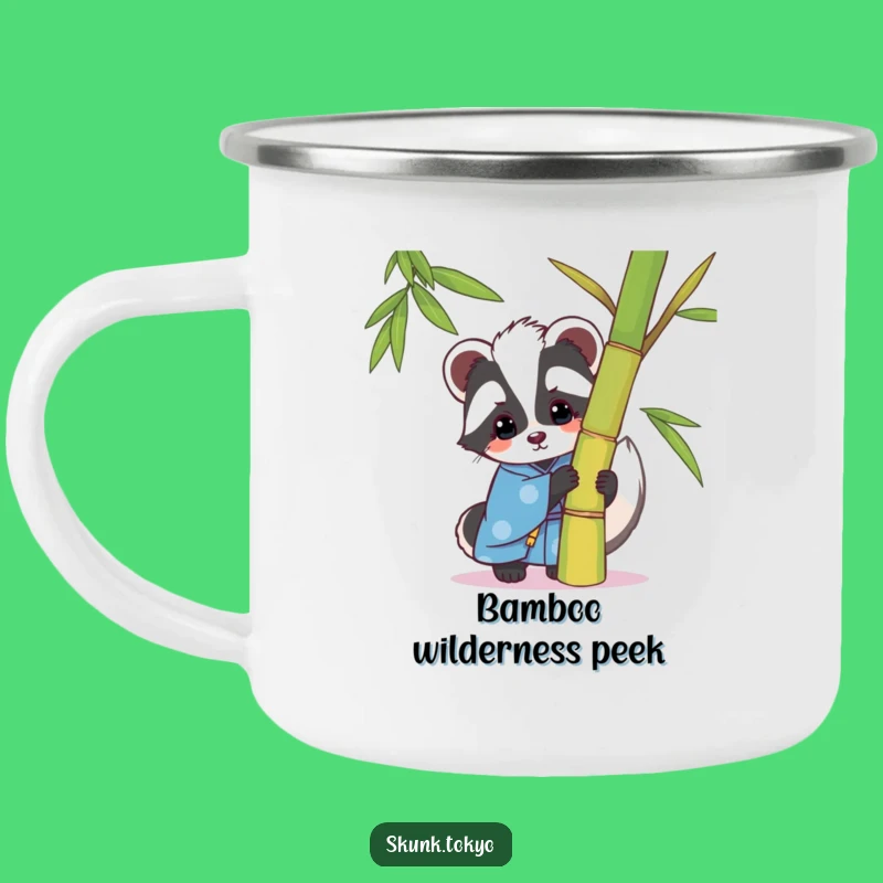 Funny Kawaii Skunk Camping Mug: Playful Peek Outdoors, Blue Kimono Humor