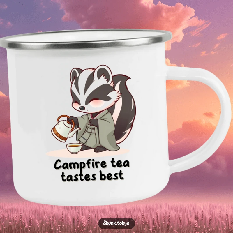 Funny Skunk Camping Mug: A skunk in a kimono pours tea from a miniature kettle, blending elegant style with outdoor calm.