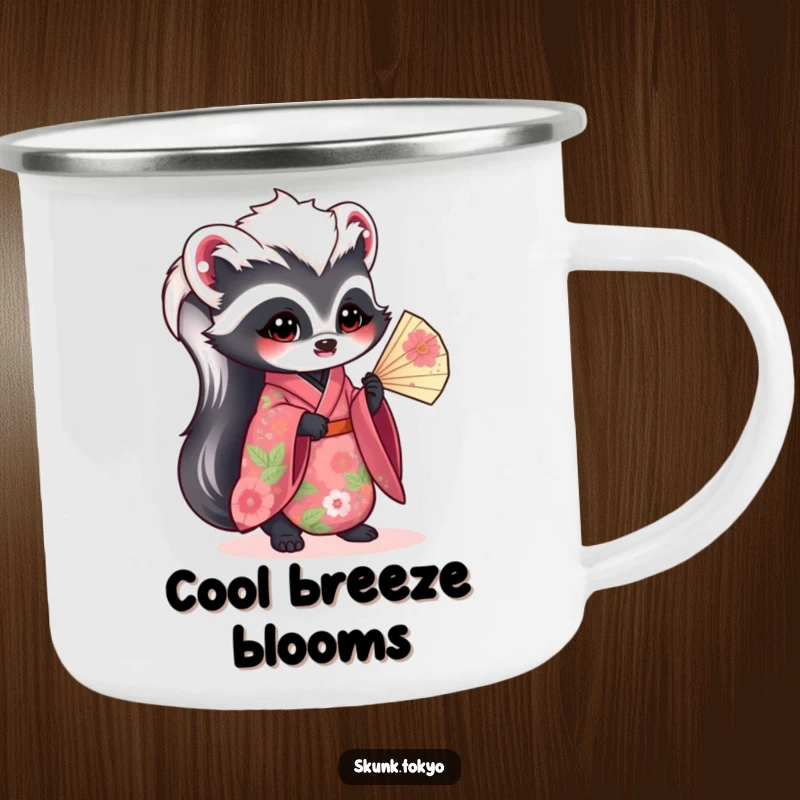 Funny kawaii skunk camping mug, wearing a vibrant floral kimono and holding a fan, perfect for outdoor adventures.