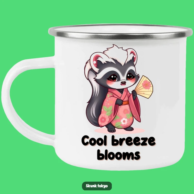 Funny Kawaii Skunk Camping Mug: Floral Kimono Adventure, Humorous Outdoor Gift