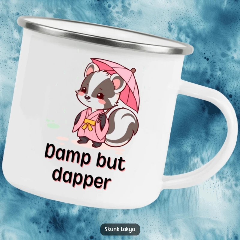 Funny kawaii skunk in a pink kimono holding a tiny umbrella, outdoor camping mug, cute and durable.