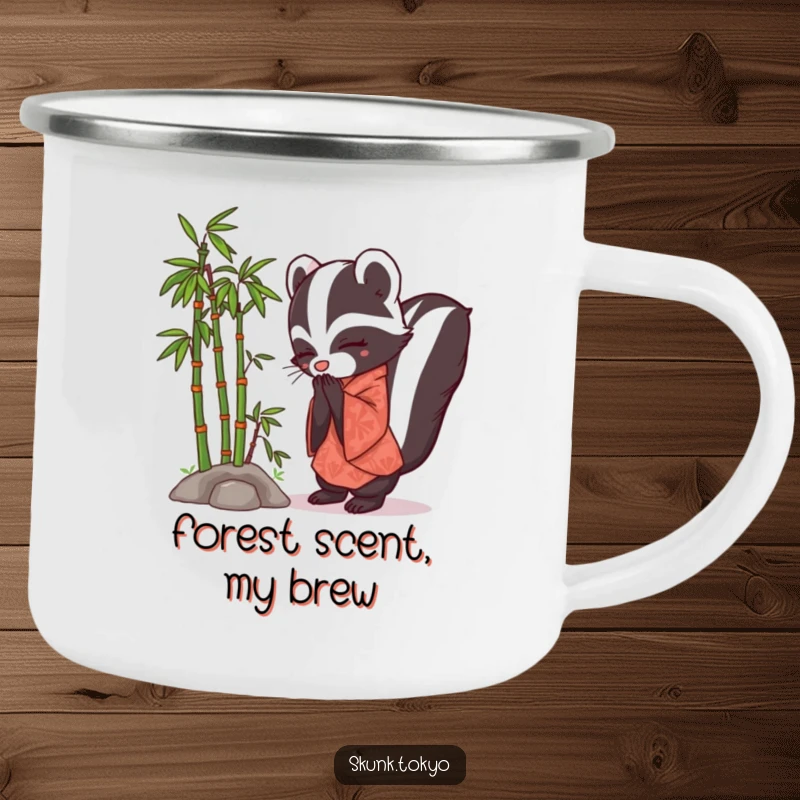 Funny Skunk Kimono Camping Mug showing a skunk in a kimono bowing politely near a tiny bamboo forest.