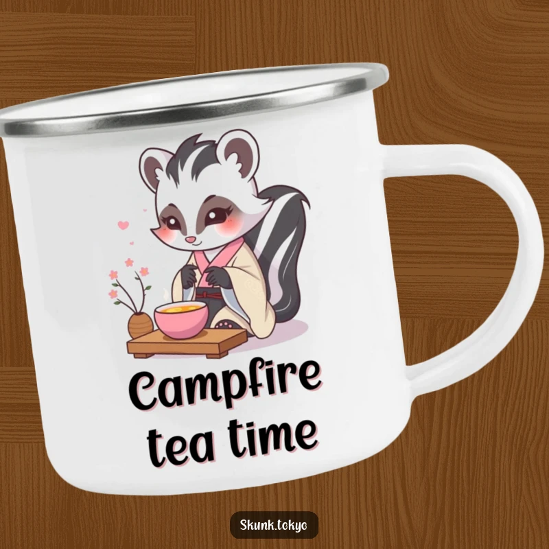 Funny kawaii skunk camping mug, dressed in a formal kimono, performing a delicate tea ceremony, perfect for outdoor enthusiasts.