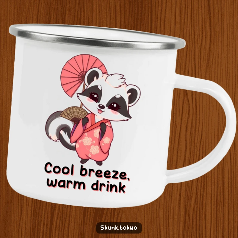 Funny and sturdy camping mug featuring a skunk in a kimono waving a large fan, perfect for festive outdoor use.