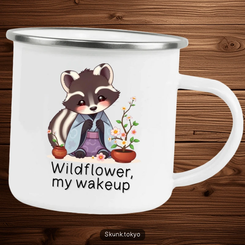 Funny Skunk Ikebana Camping Mug featuring a skunk in a kimono arranging tiny flowers, a humorous outdoor accessory.
