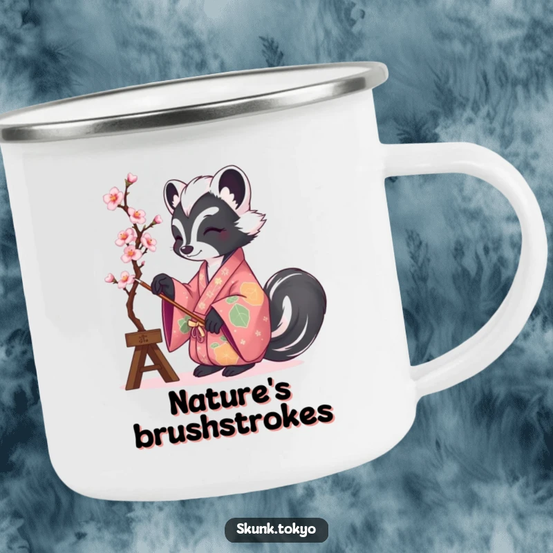 Funny and sturdy camping mug featuring a skunk in a kimono painting cherry blossoms, ideal for outdoor artistic moments.