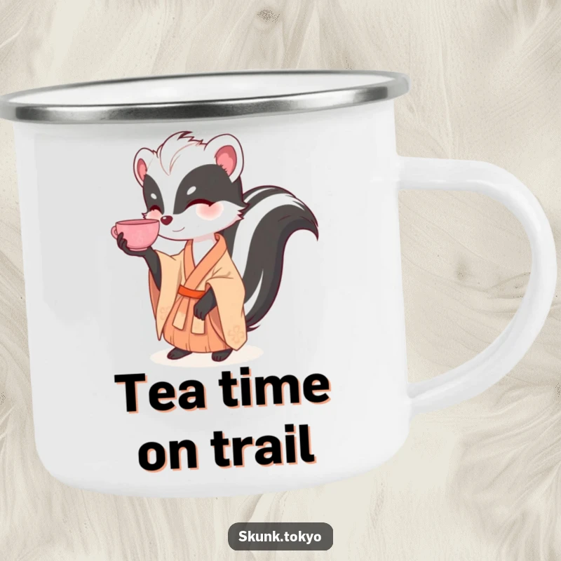 Funny and sturdy camping mug featuring a skunk in a kimono balancing a tea cup, perfect for outdoor elegance.