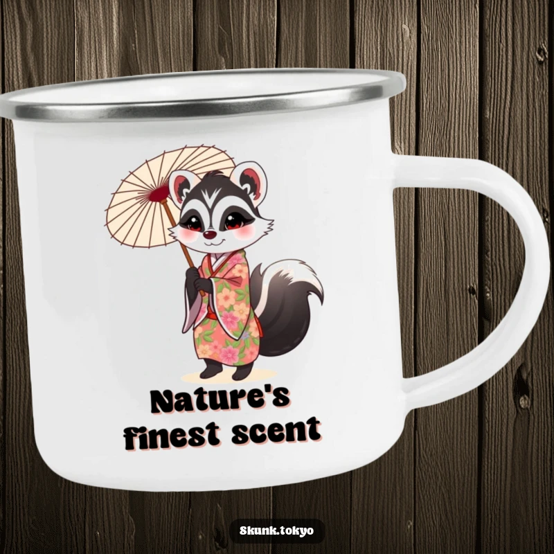 Funny Skunk Camping Mug: A skunk in a floral kimono twirls a parasol, blending chic style with outdoor fun.