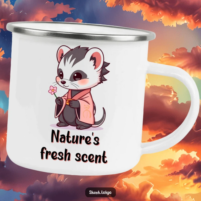 Funny skunk in a kimono holding a flower on a sturdy camping mug, perfect for outdoor humor.
