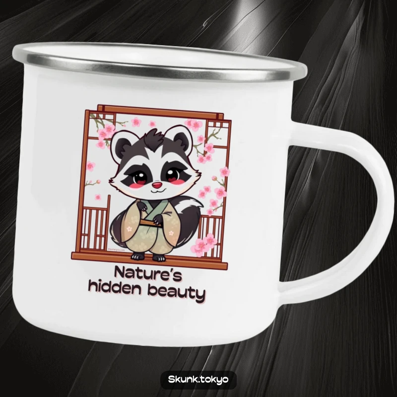 Funny Skunk Camping Mug: A skunk in a silk kimono peeks from behind cherry blossoms, blending cute style with outdoor fun.