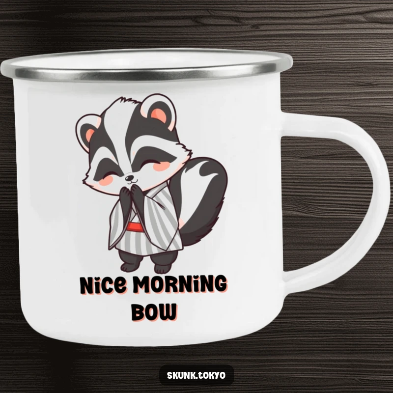 Funny kawaii skunk camping mug, wearing a striped kimono, bowing politely with a smile, perfect for outdoor enthusiasts.