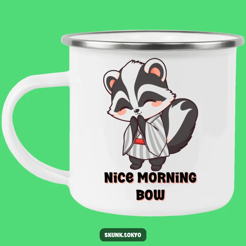 Funny Kawaii Skunk Camping Mug: Polite Bow Outdoors, Striped Kimono Humor