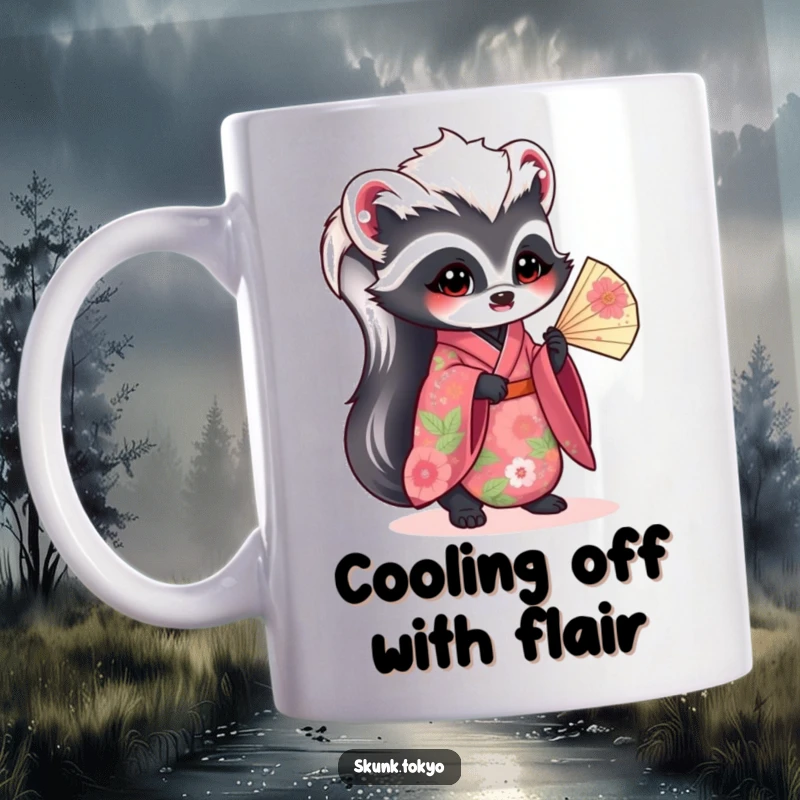 Funny kawaii skunk in a vibrant floral kimono gracefully holding a fan, a chic and humorous mug design.