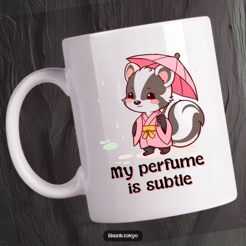 Funny kawaii skunk in a pink kimono holding a tiny umbrella, enjoying gentle rain, perfect for a peaceful gift.