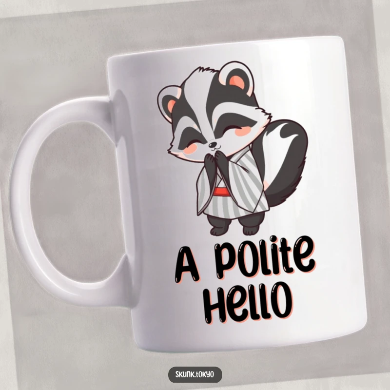 Funny kawaii skunk wearing a striped kimono, bowing politely with a smile, a welcoming and humorous mug design.