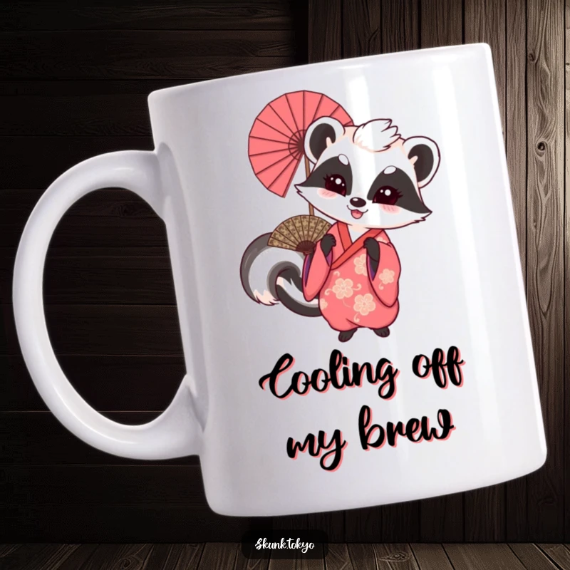 Funny coffee mug featuring a skunk in a traditional kimono playfully waving a large, ornate fan with enthusiasm.