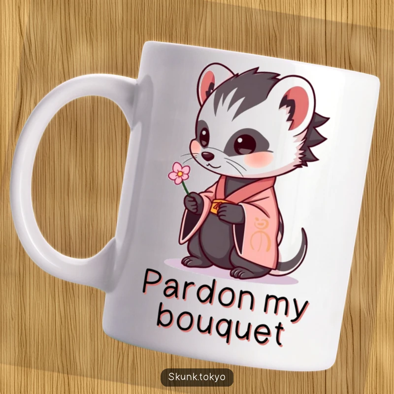 Funny skunk in a kimono awkwardly offering a small flower with its paws, a charmingly humorous scene on a mug.