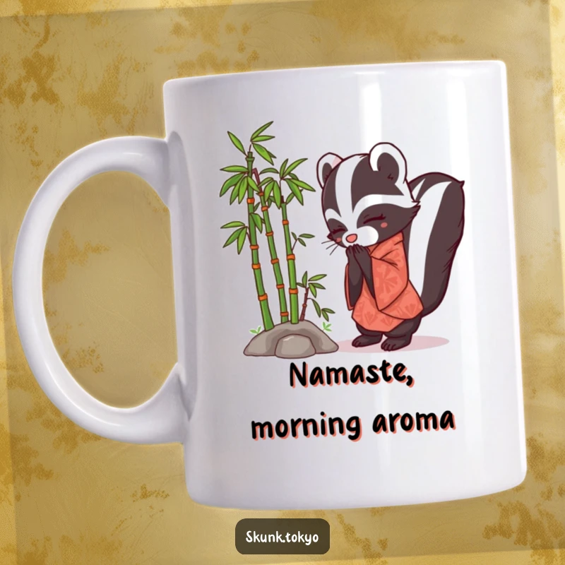 Funny Skunk Kimono Mug showing a polite skunk in traditional Japanese attire bowing beside a small bamboo forest.
