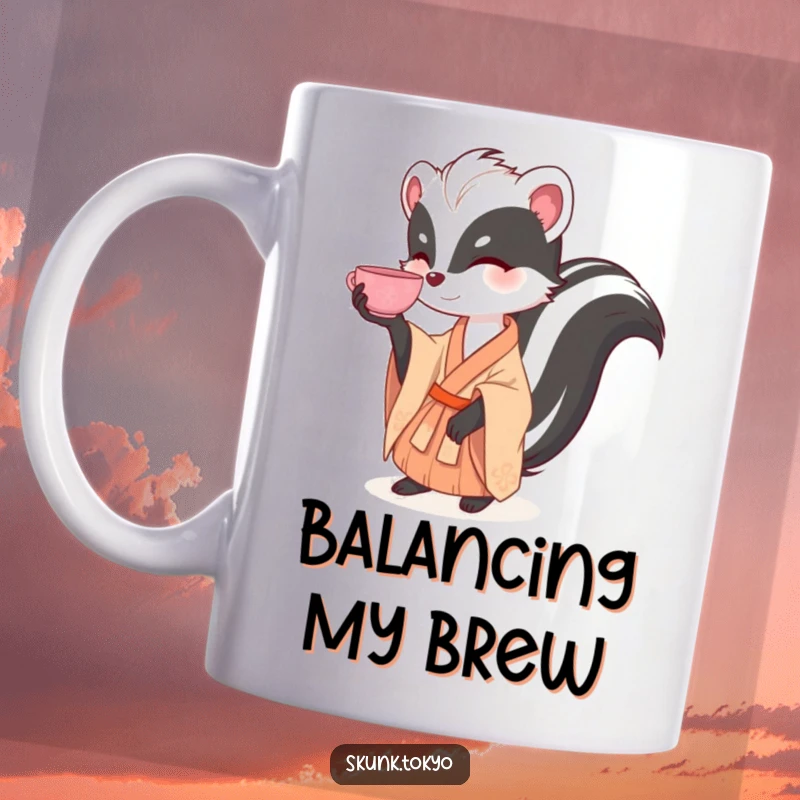 Funny coffee mug featuring a skunk in an elegant kimono gracefully balancing a delicate tea cup on its nose.