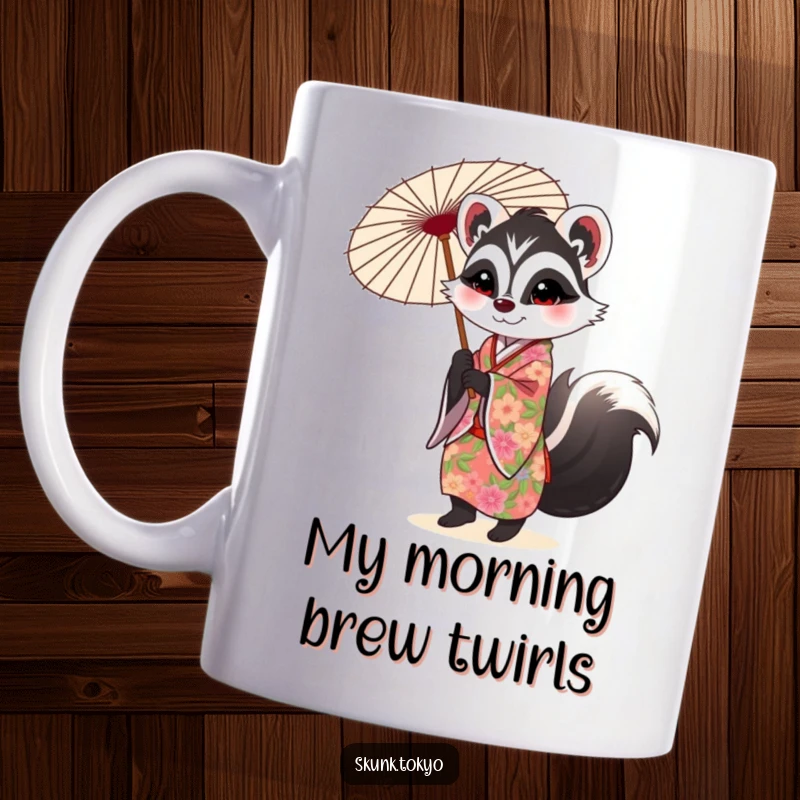 Funny Skunk Mug: A cute skunk in a vibrant floral kimono gracefully twirls a decorated parasol with charm.