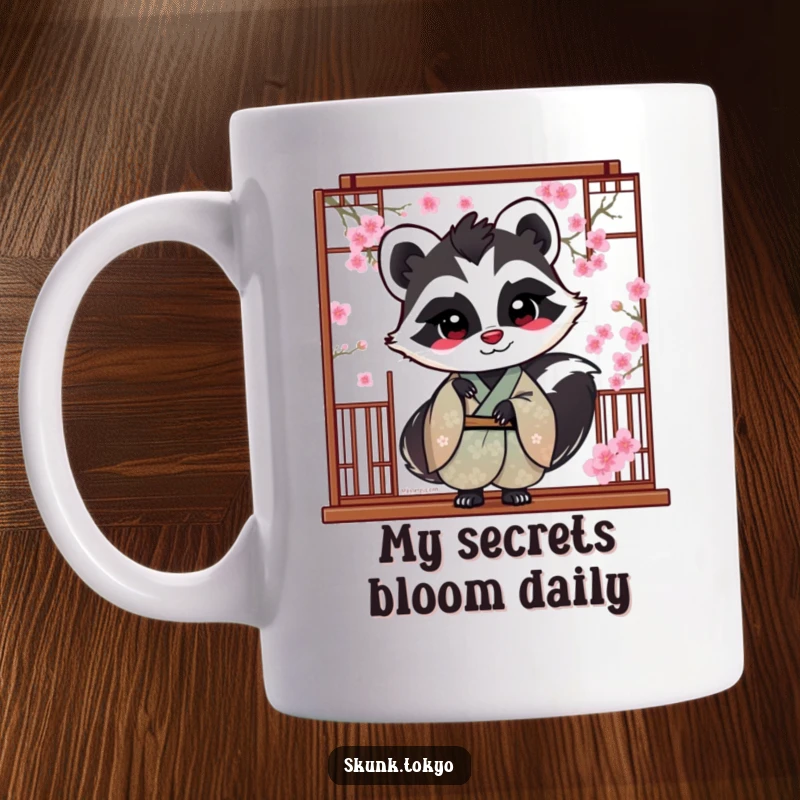 Funny Skunk Mug: A skunk in a silk kimono playfully peeks from behind a beautiful cherry blossom screen.