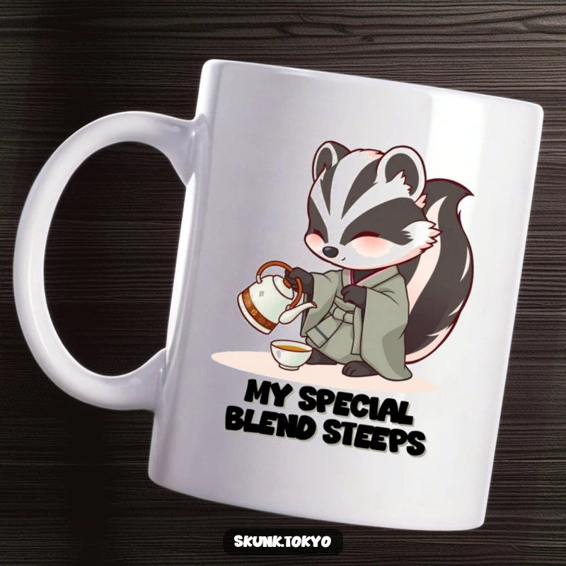 Funny Skunk Mug: A skunk in a kimono carefully pours tea from a miniature kettle with delicate grace.