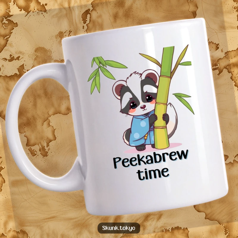 Funny kawaii skunk in a blue kimono playfully peeking from behind a bamboo stalk, a cute and humorous mug design.