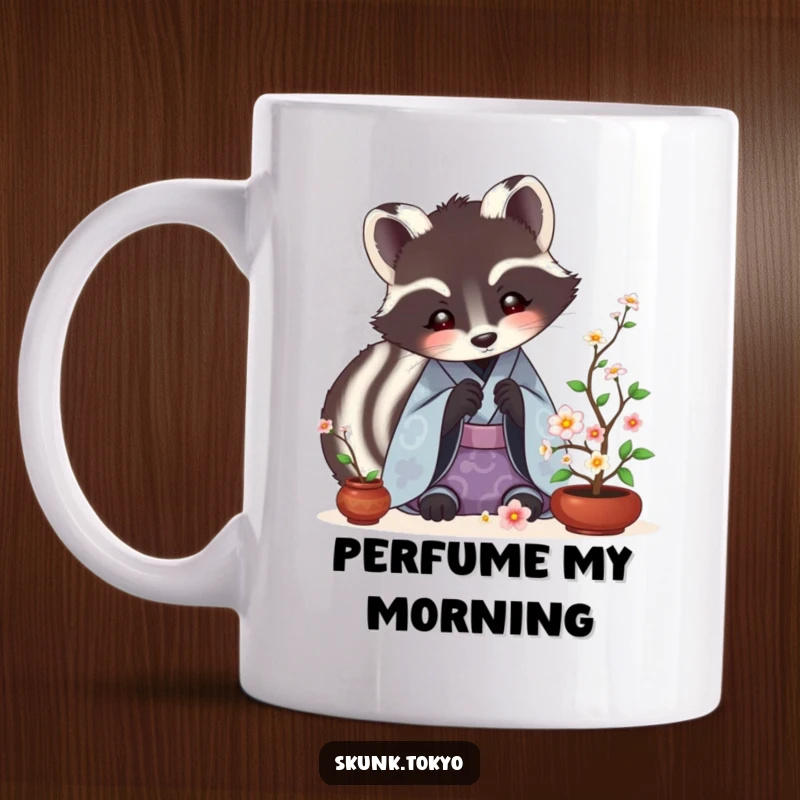 Funny Skunk Ikebana Mug featuring a skunk in a kimono carefully arranging small flowers in a traditional Japanese style.