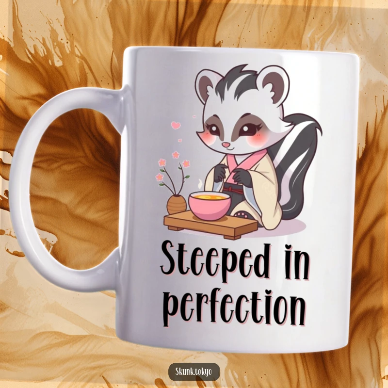 Funny kawaii skunk in a formal kimono performing a delicate tea ceremony, a peaceful and humorous mug design.