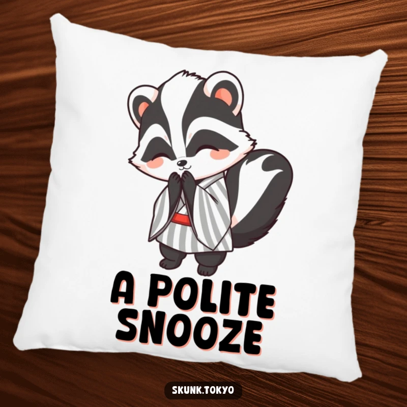 Funny kawaii skunk pillow, in a striped kimono, bowing politely with a smile, a comfortable and humorous decorative accent.
