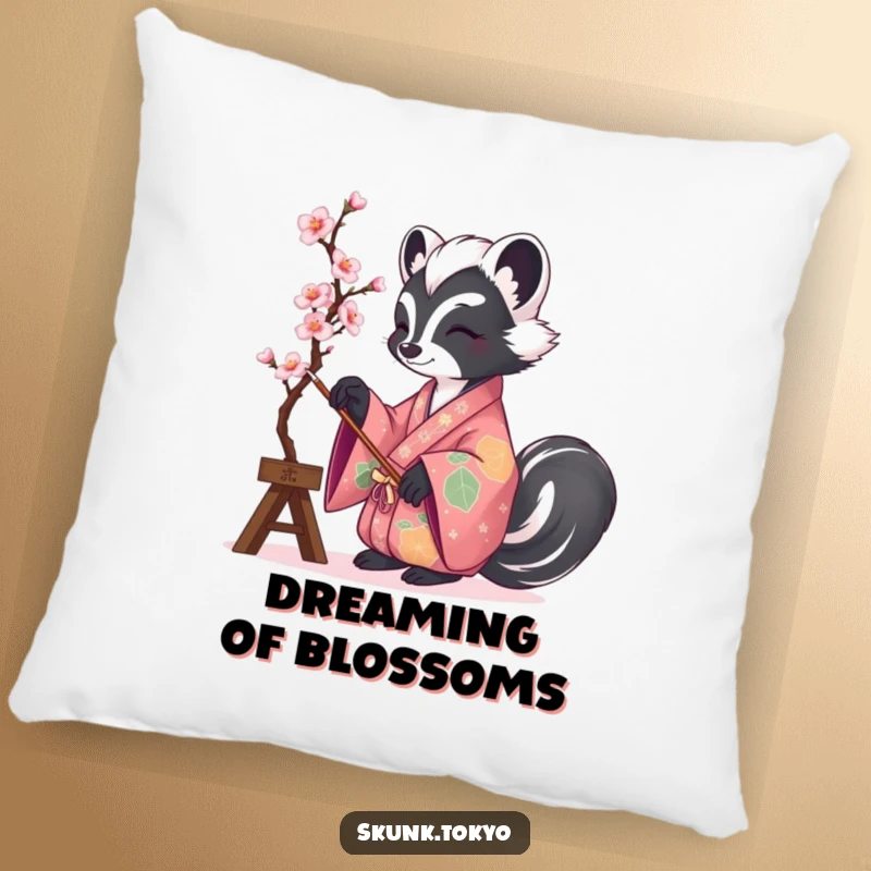 Funny and soft pillow featuring a skunk in a vibrant kimono painting cherry blossoms, perfect for cozy artistic vibes.