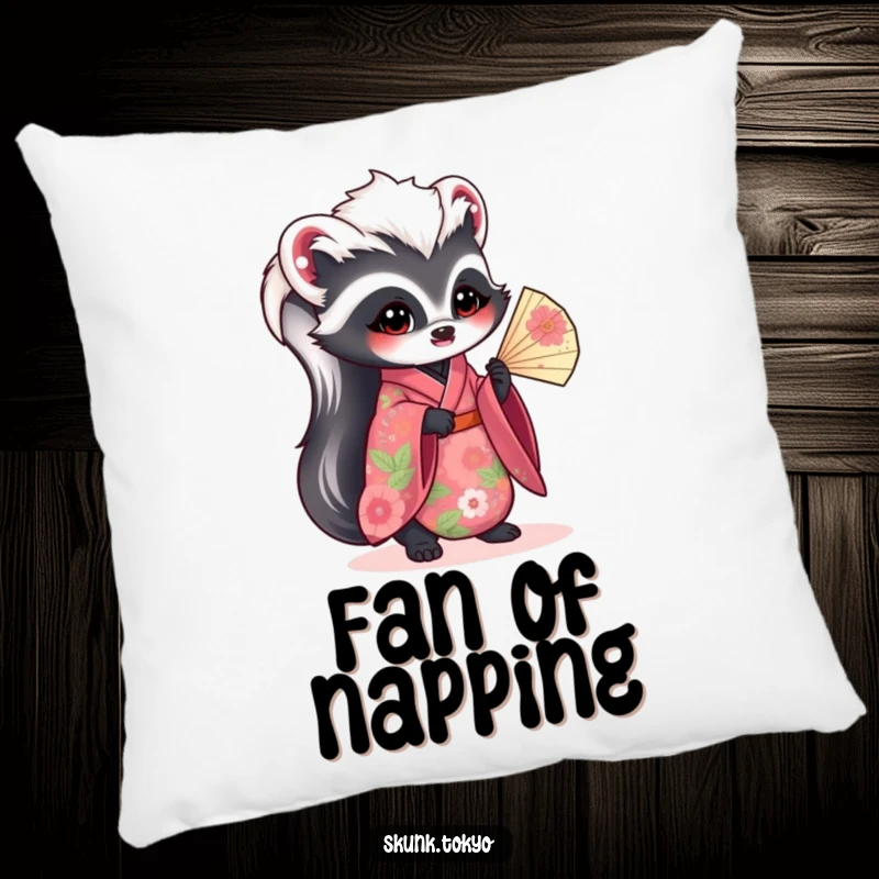 Funny kawaii skunk pillow, dressed in a vibrant floral kimono and holding a fan, a comfortable and humorous decorative accent.