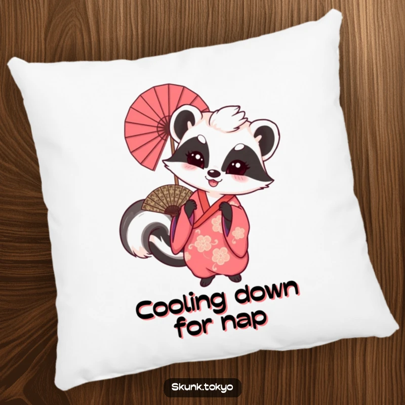 Funny and soft pillow featuring a skunk in a kimono playfully waving a large fan, perfect for cozy festive vibes.