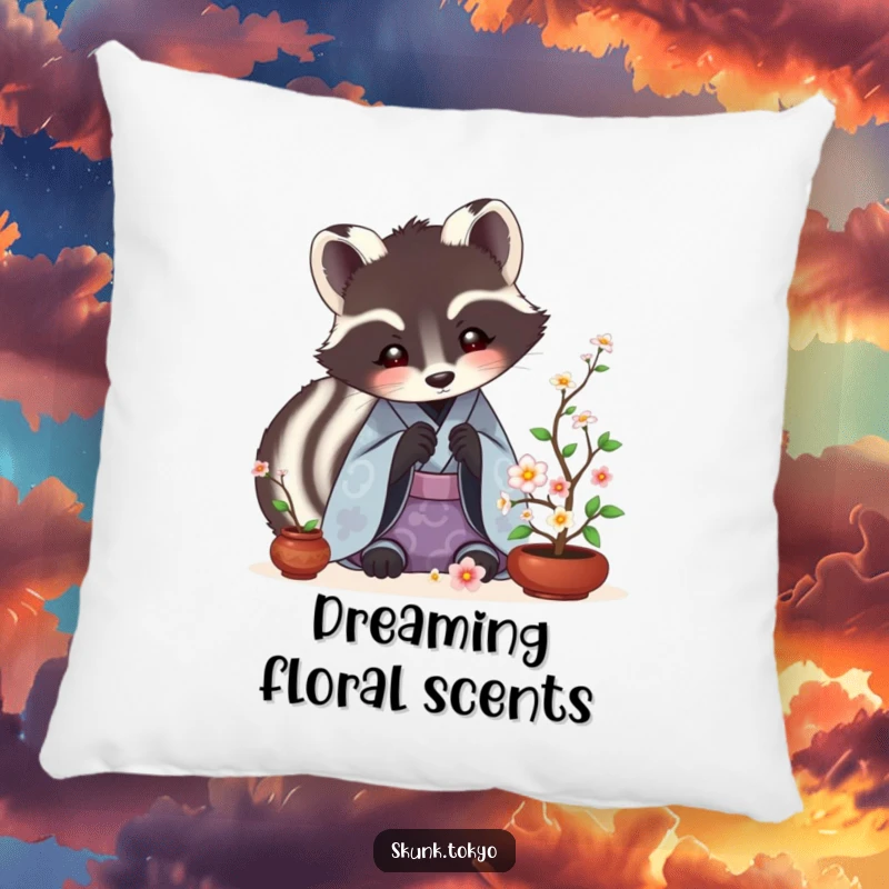 Funny Skunk Ikebana Pillow showing a skunk in a kimono meticulously arranging tiny flowers, soft and humorous decor.
