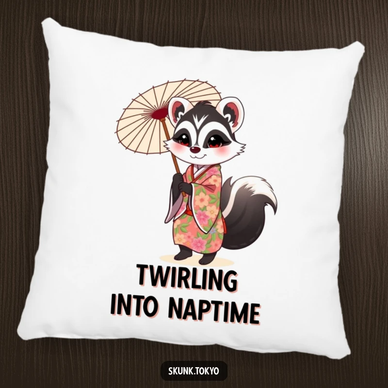 Funny Skunk Pillow: A cute skunk in a floral kimono twirls a parasol, bringing chic comfort and humor to any room.