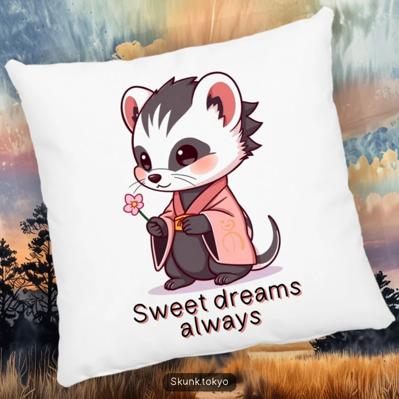Funny skunk in a kimono, gently presenting a single flower, a soft and humorous decorative pillow for a cozy space.
