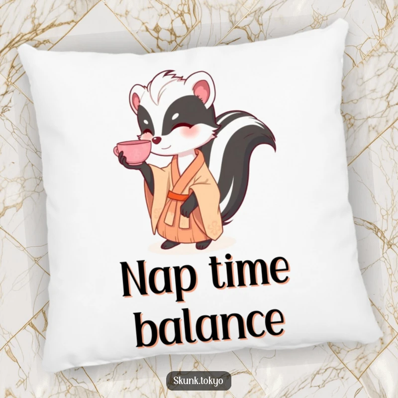 Funny and soft pillow featuring a skunk in a kimono gracefully balancing a tea cup, perfect for cozy, elegant vibes.